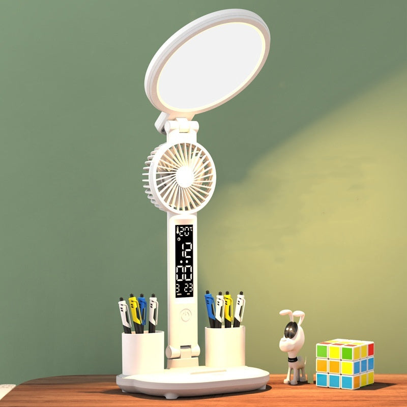 LED Clock Table Lamp USB Desk Light with Fan & Eye Protection