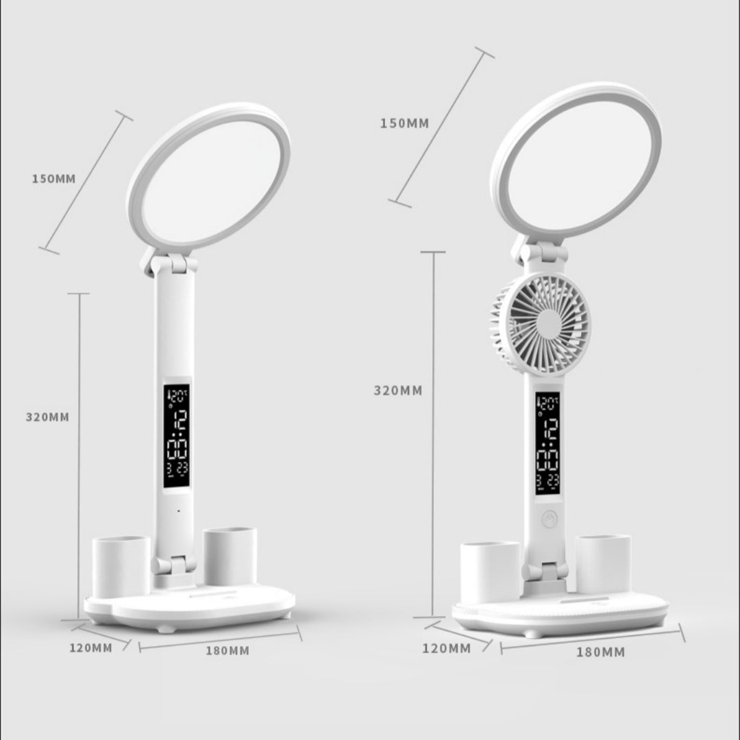 LED Clock Table Lamp USB Desk Light with Fan & Eye Protection