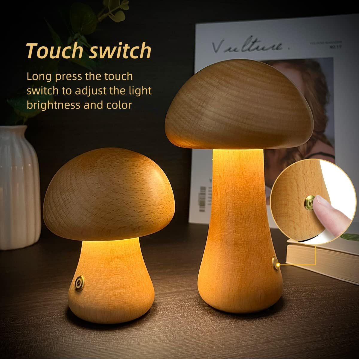 INS Wooden Cute Mushroom LED Night Light with Touch Switch Lamp