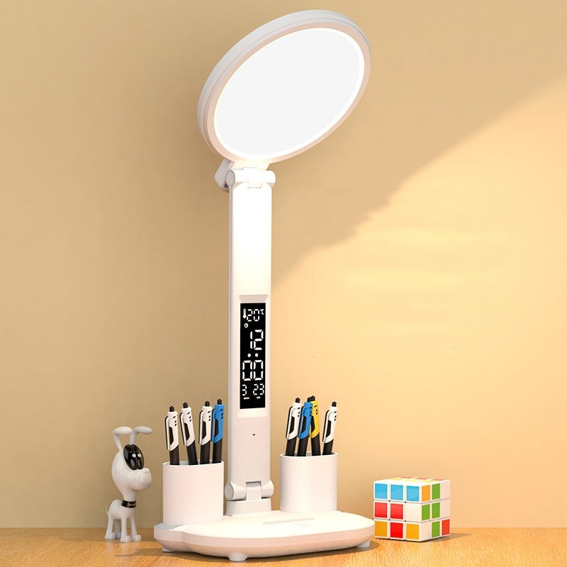 LED Clock Table Lamp USB Desk Light with Fan & Eye Protection