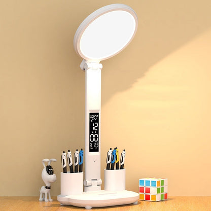 LED Clock Table Lamp USB Desk Light with Fan & Eye Protection
