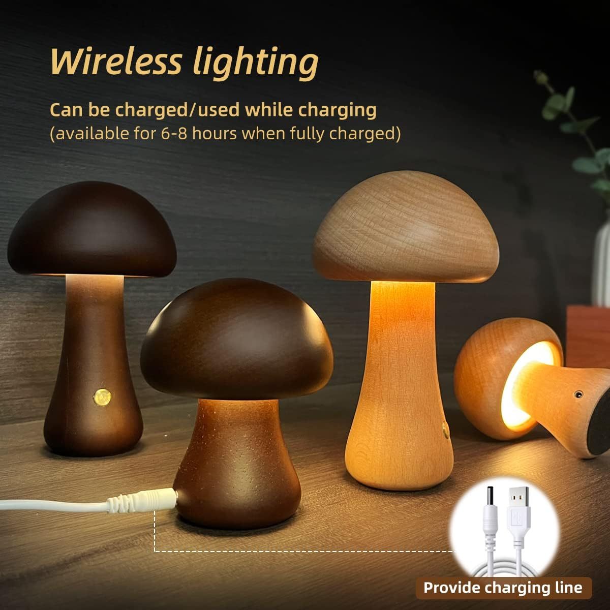INS Wooden Cute Mushroom LED Night Light with Touch Switch Lamp