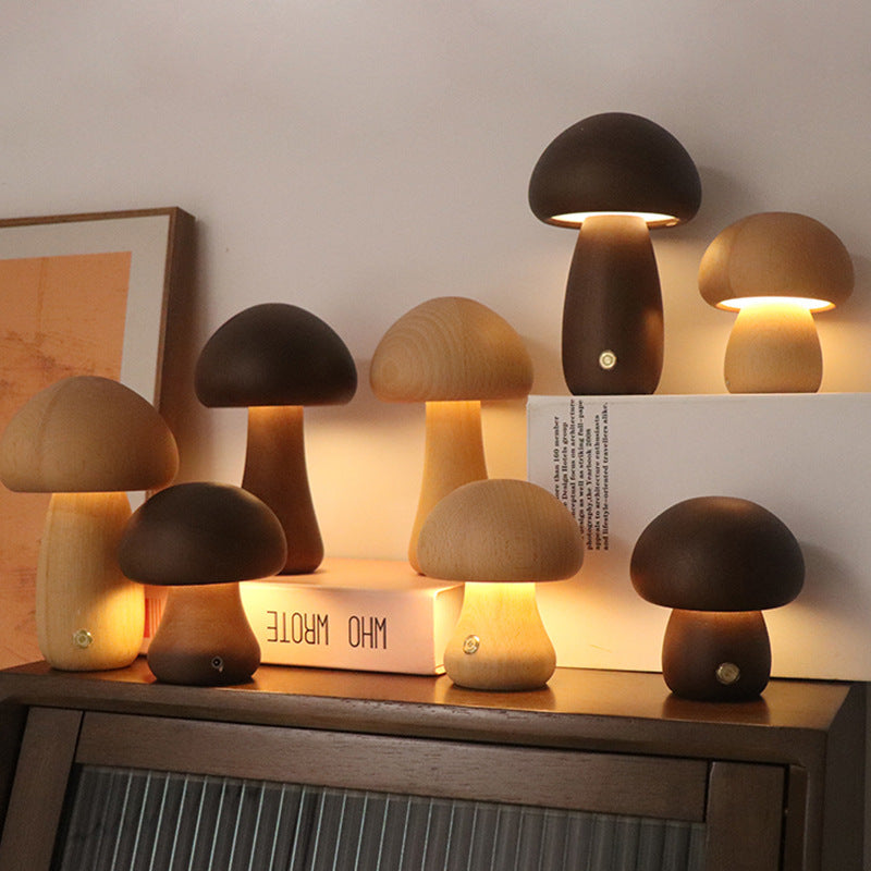 INS Wooden Cute Mushroom LED Night Light with Touch Switch Lamp