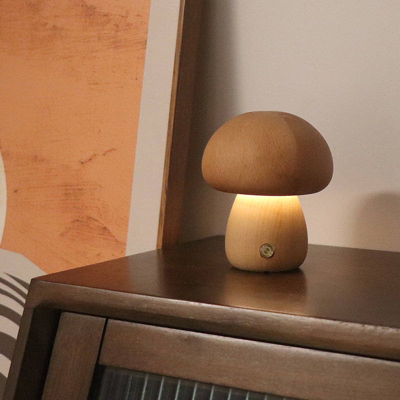 INS Wooden Cute Mushroom LED Night Light with Touch Switch Lamp
