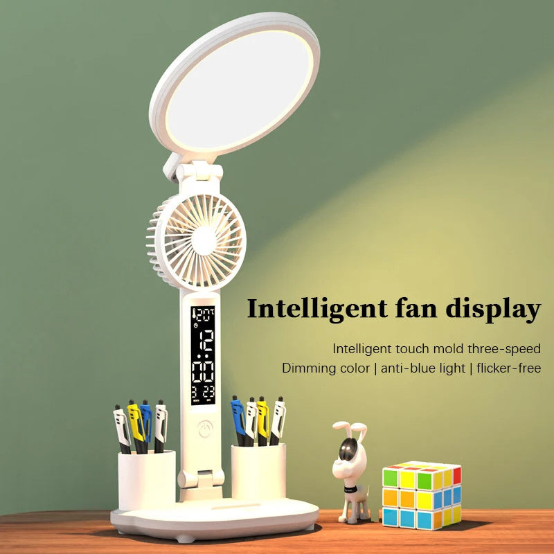 LED Clock Table Lamp USB Desk Light with Fan & Eye Protection