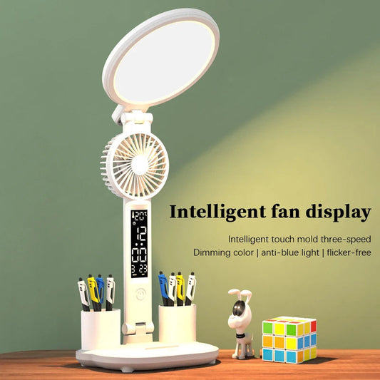 LED Clock Table Lamp USB Desk Light with Fan & Eye Protection
